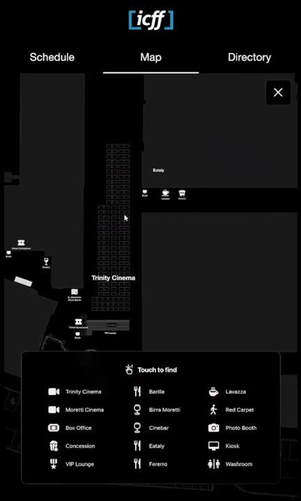 Festival map with venue markers and a touch-to-find legend